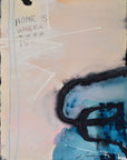 Abstract painting with text 'HOME IS WHERE *** IS' in a minimalistic style, predominantly in blue tones with white and black accents.