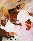 Abstract fluid acrylic painting with textured drips and splatters of white, pink, brown, black, and warm beige tones.
