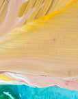 Abstract painting with layered swirls of yellow, peach, pink, and turquoise blue paint.