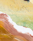Abstract fluid acrylic painting with layered waves and textures in yellow, green, white, terracotta, and gold tones.