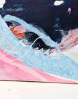 Abstract painting on canvas featuring dark navy and pink with a visible artist signature Lotta Sirén.