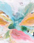 Abstract floral painting with layered brushstrokes in pastel pink, peach, yellow, aqua, mint green, white, and small dark navy areas.