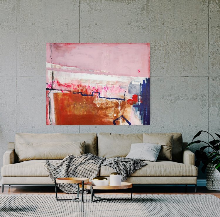 A large abstract painting on a wall above a beige sofa with decorative items. By abstract artist Lotta Sirén.