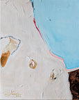 Abstract acrylic painting with wax paint on canvas depicting a beach scene with golden details, primarily in blue, white, and hints of other colors.