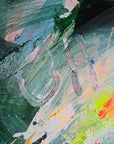 Close-up of an abstract painting Oh La La by Lotta Sirén with colorful brush strokes on a textured surface