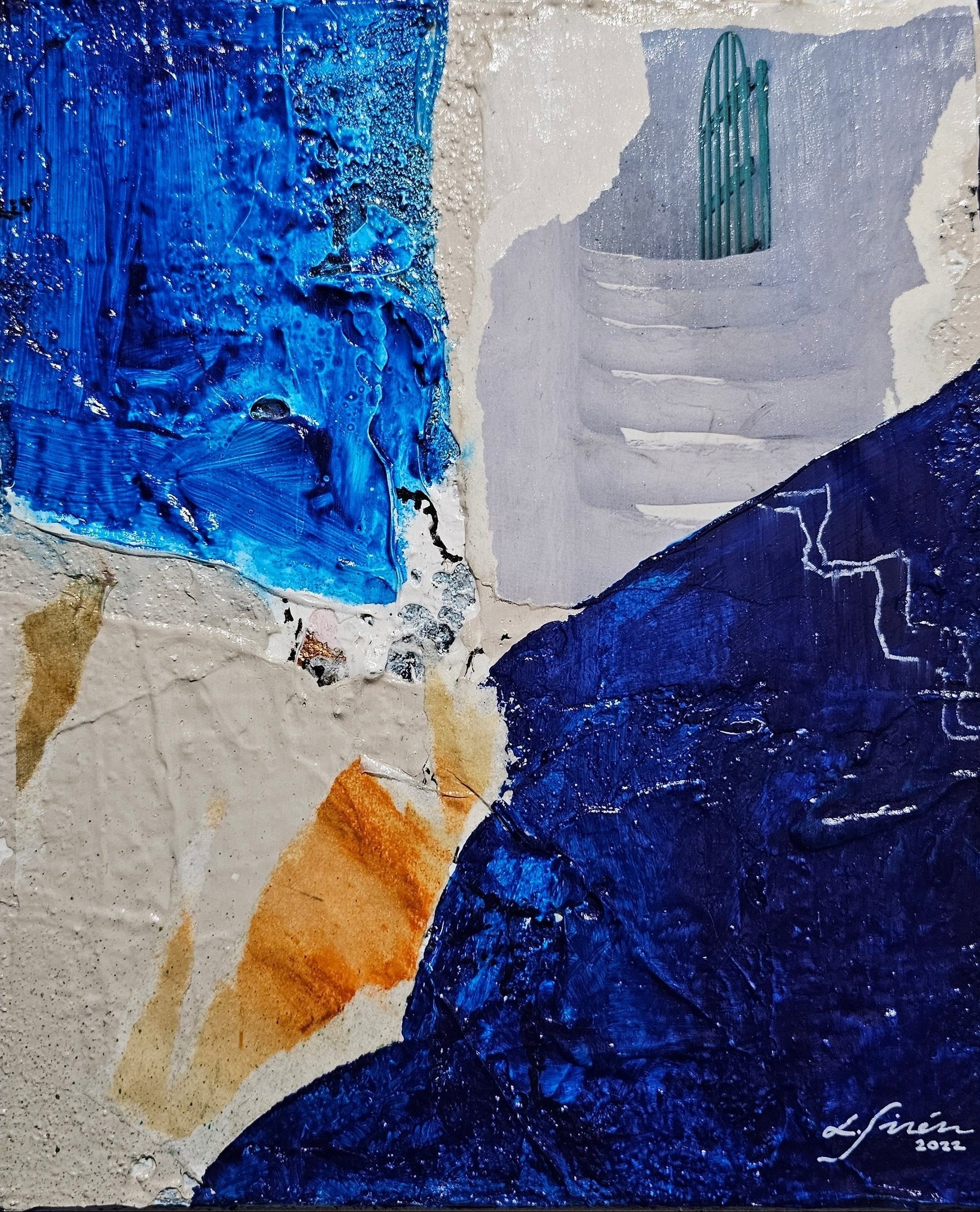 Abstract mixed media canvas painting featuring geometric shapes in beige, blue, orange, and white colors.