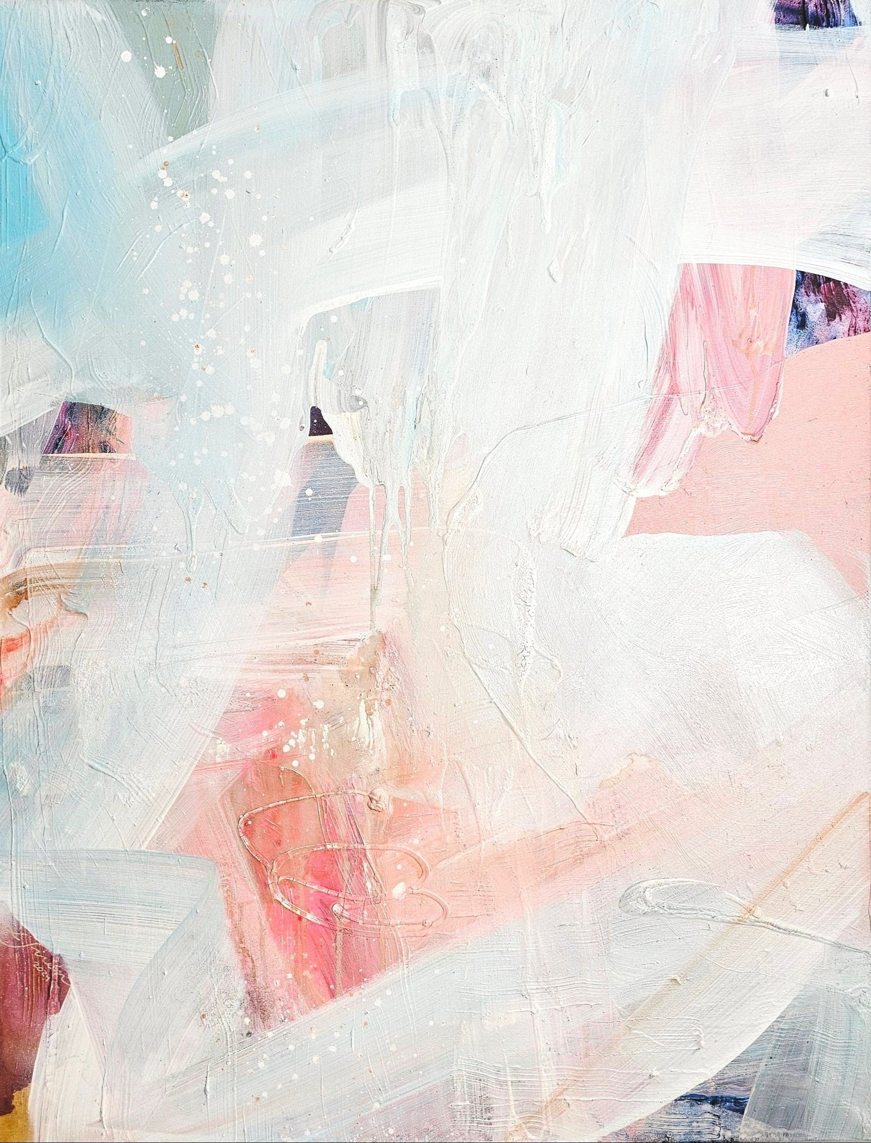 Abstract painting with a blend of light blue, pink, and white colors creating a vibrant texture.