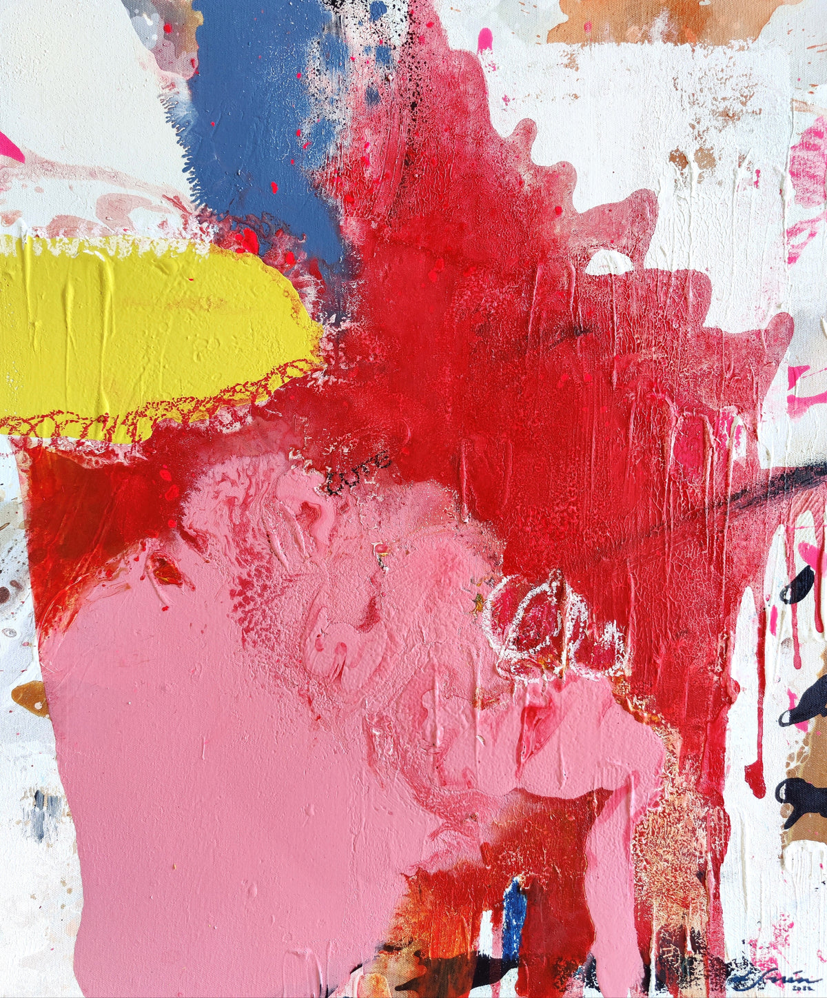 A vibrant abstract painting featuring bold red and pink hues with accents of yellow and other colors, creating a lively visual effect. The artwork is signed and dated on the lower right.