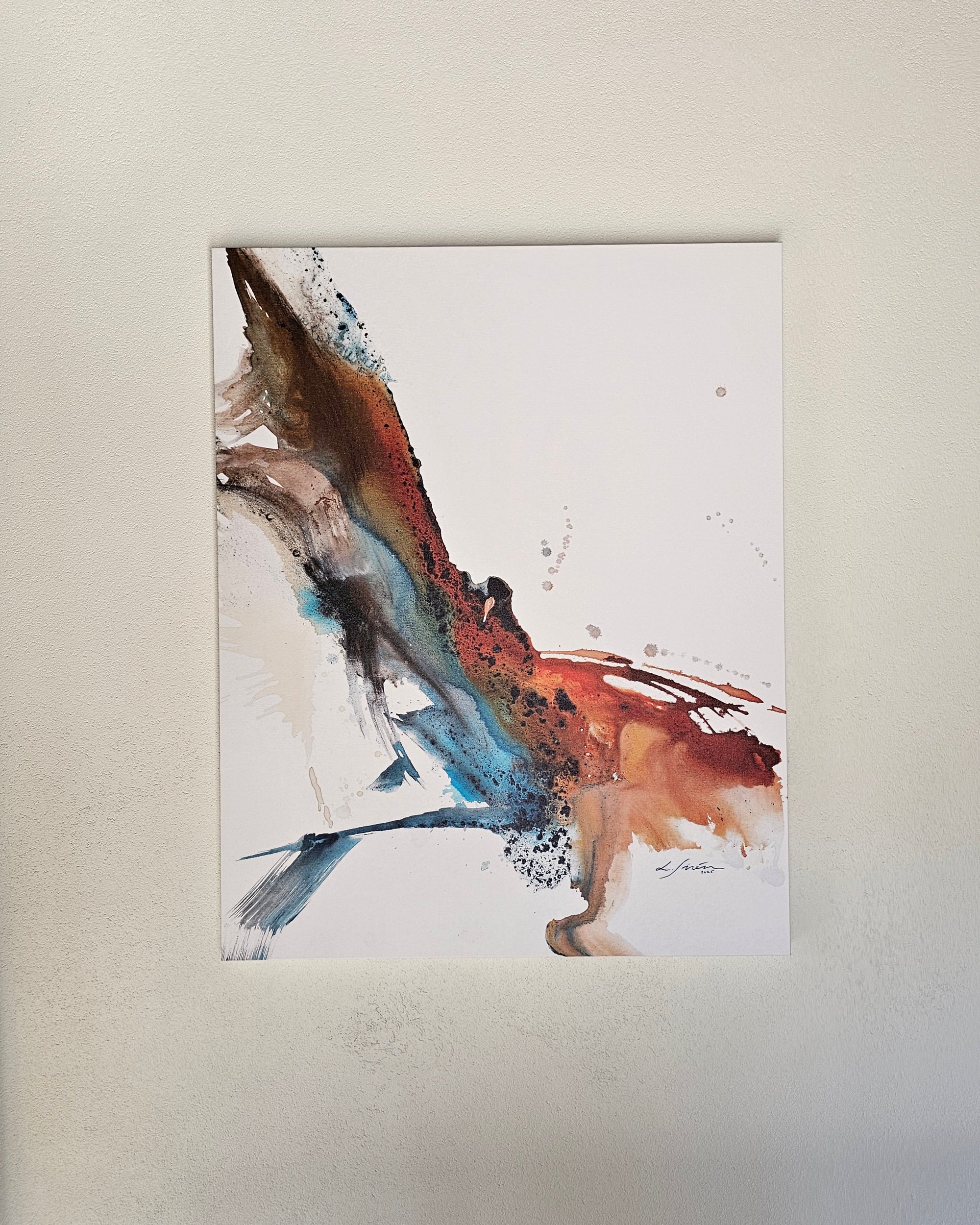 Abstract Phoenix painting by Lotta Sirén with earthy tones on a light background