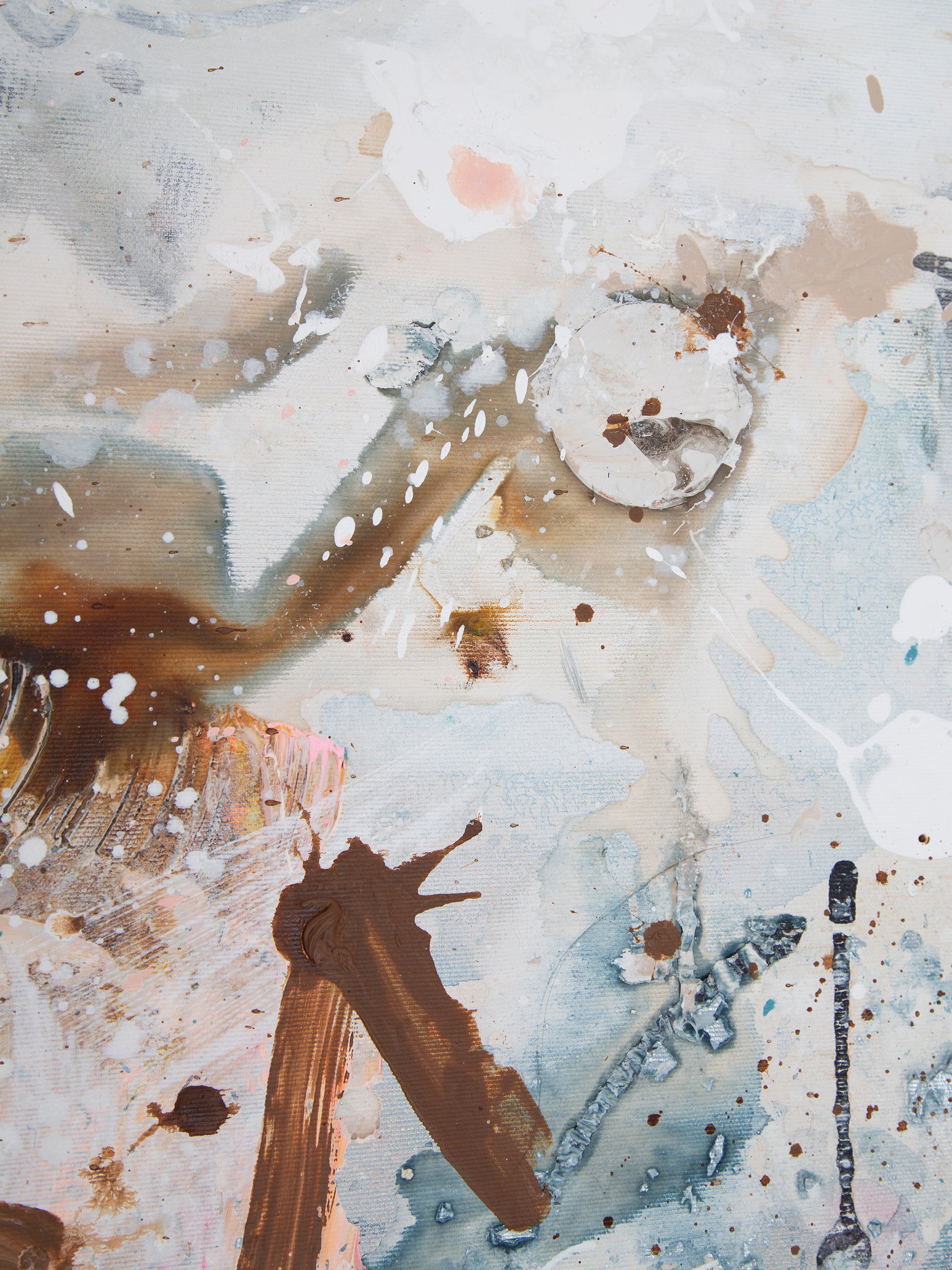 Abstract painting with layered textures of brown, beige, light blue, and white, featuring paint splatters, drips, and brushstrokes.