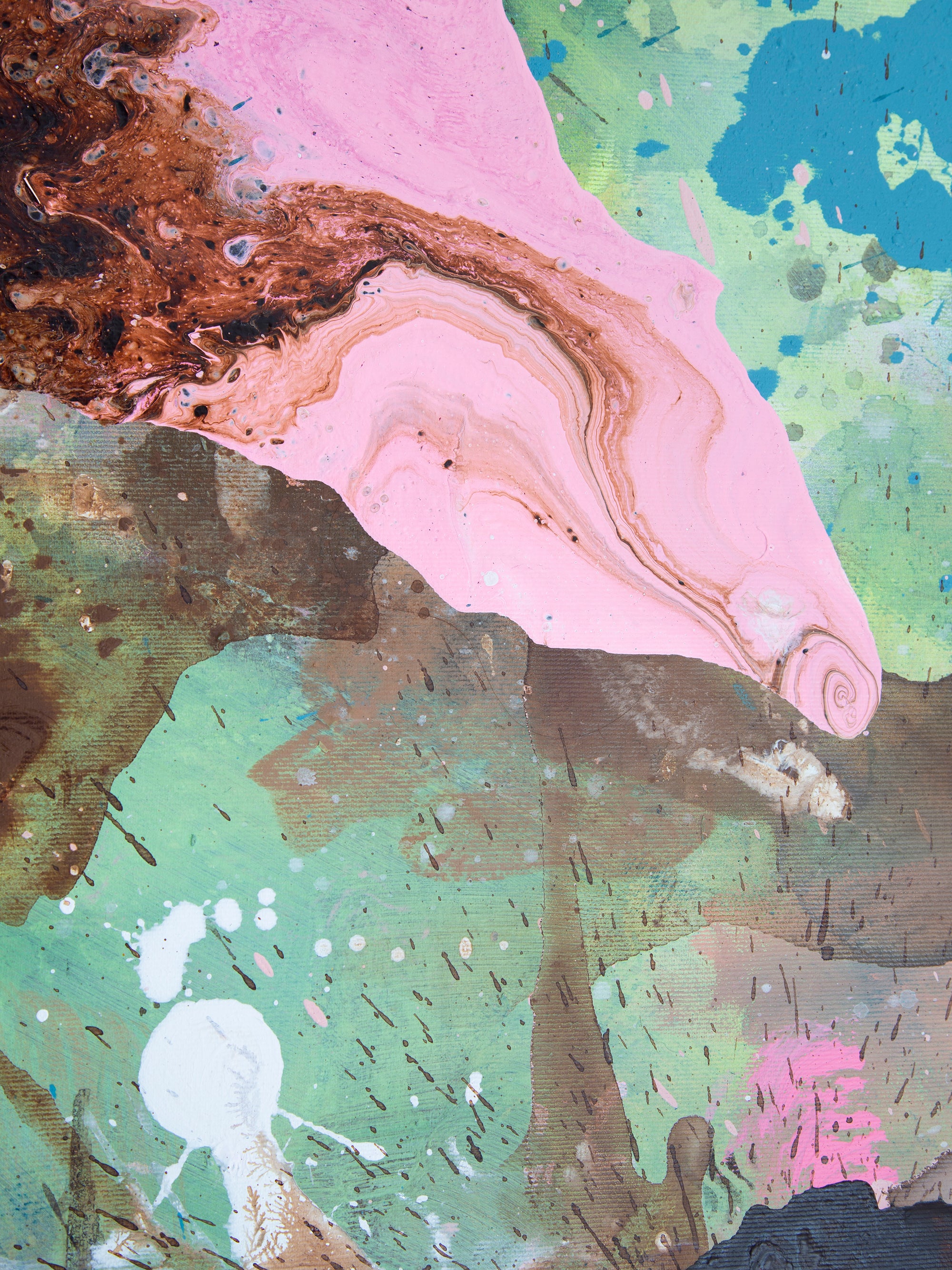Abstract fluid acrylic painting with swirling pink, mint green, teal blue, brown, white, and black paint textures.