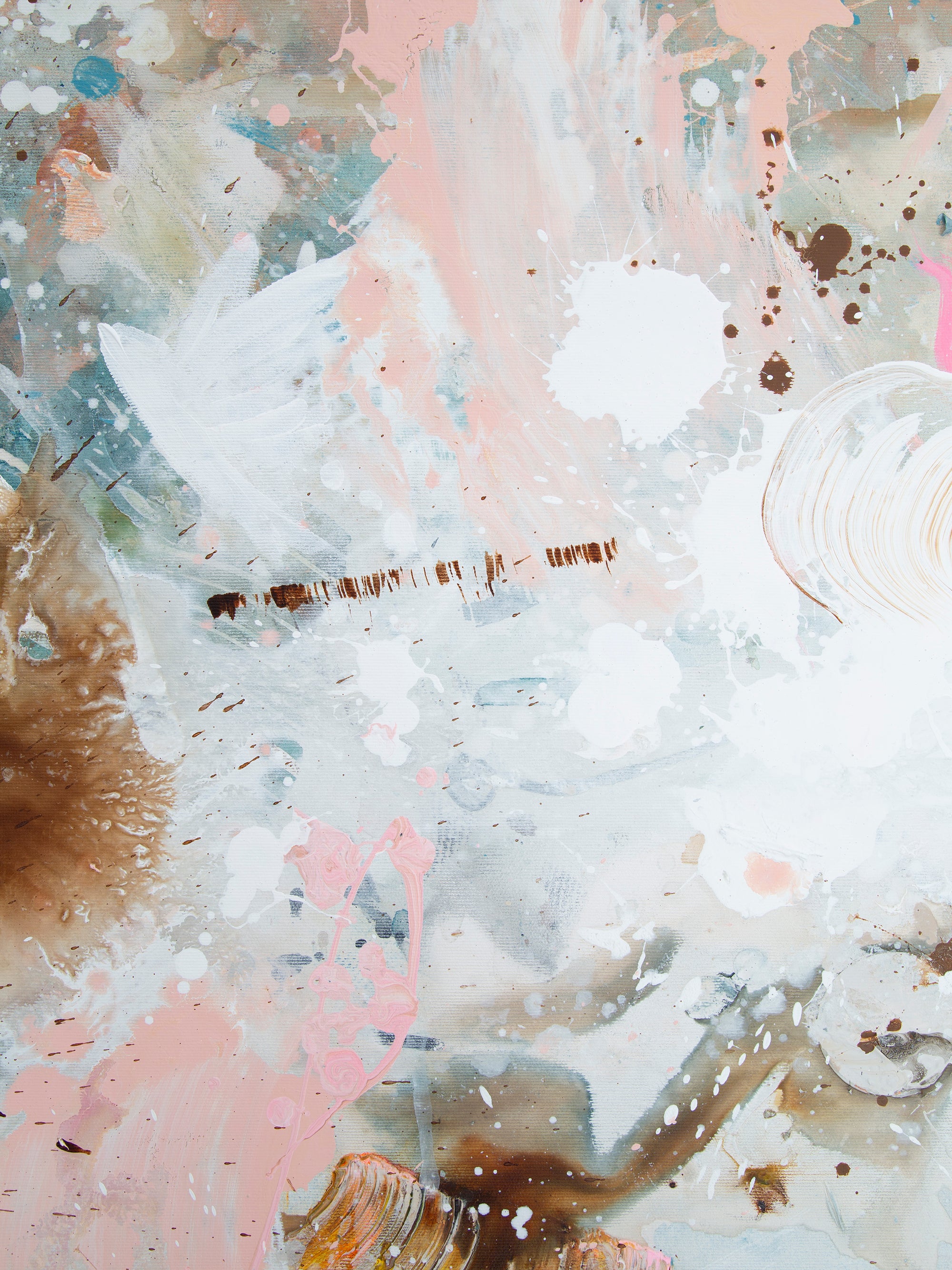 Abstract painting with layered brushstrokes and splatters in white, soft pink, gray, brown, and hints of blue-green.