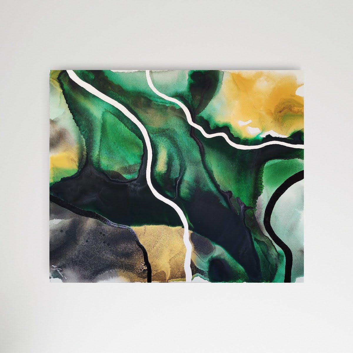 Empowering abstract art by Lotta Sirén with green, gold, and black colors on a white background