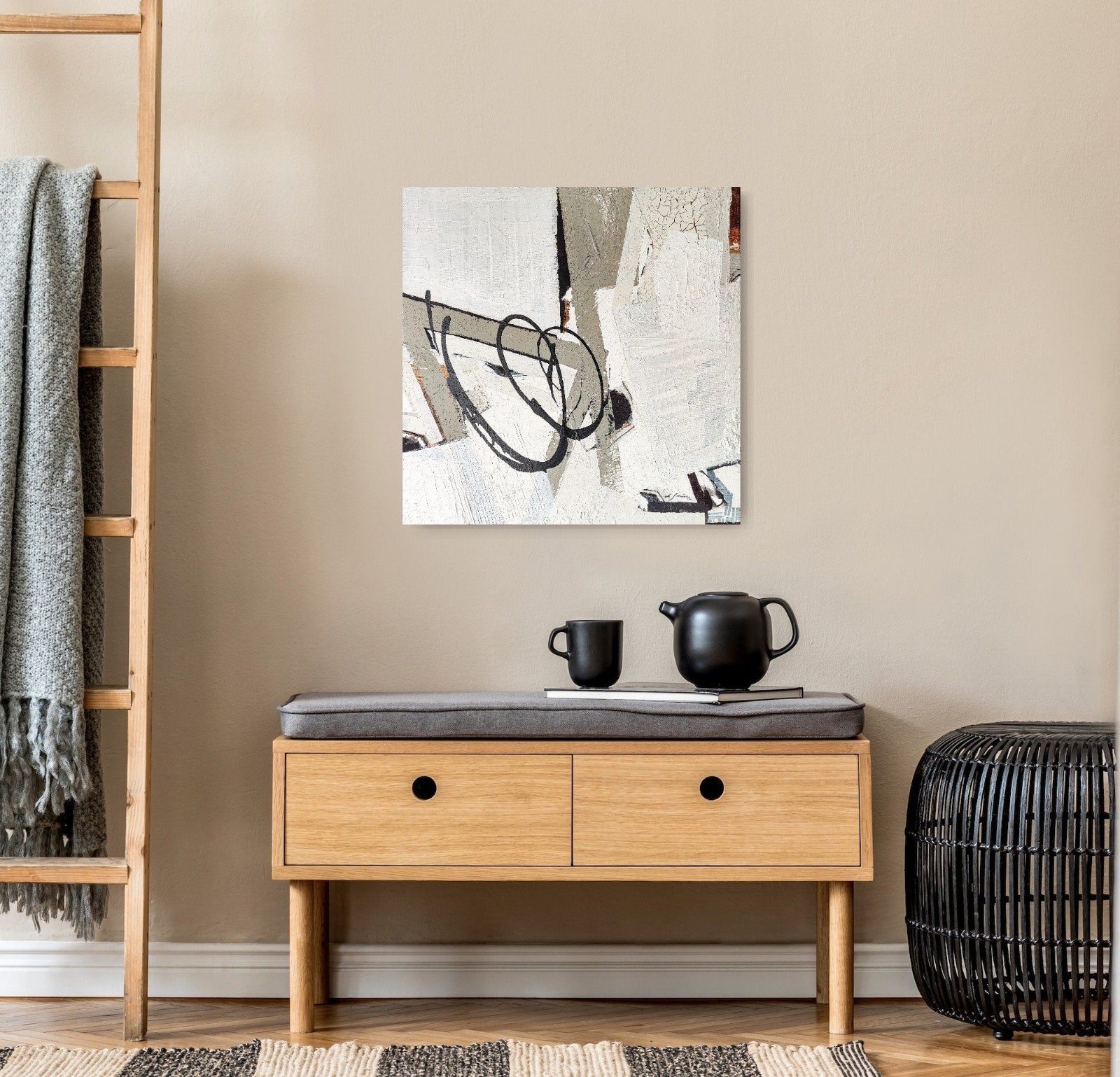 Empowering abstract artwork by Lotta Sirén in a japandi room.