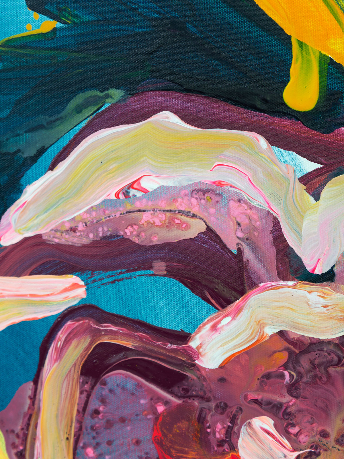 Abstract expressionist painting with thick textured brushstrokes in teal, deep purple, cream, magenta, and bright yellow.