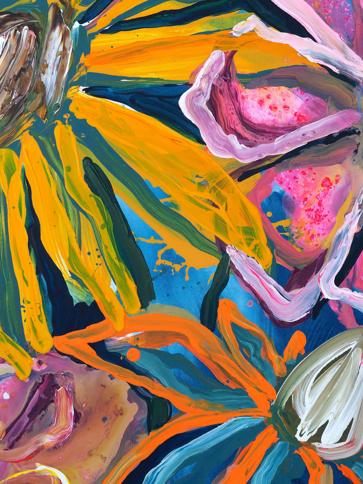 Abstract floral painting with bold brushstrokes in yellow, orange, pink, blue, green, and white, filling the entire frame.