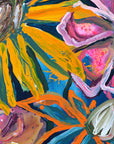 Abstract floral painting with bold brushstrokes in yellow, orange, pink, blue, green, and white, filling the entire frame.