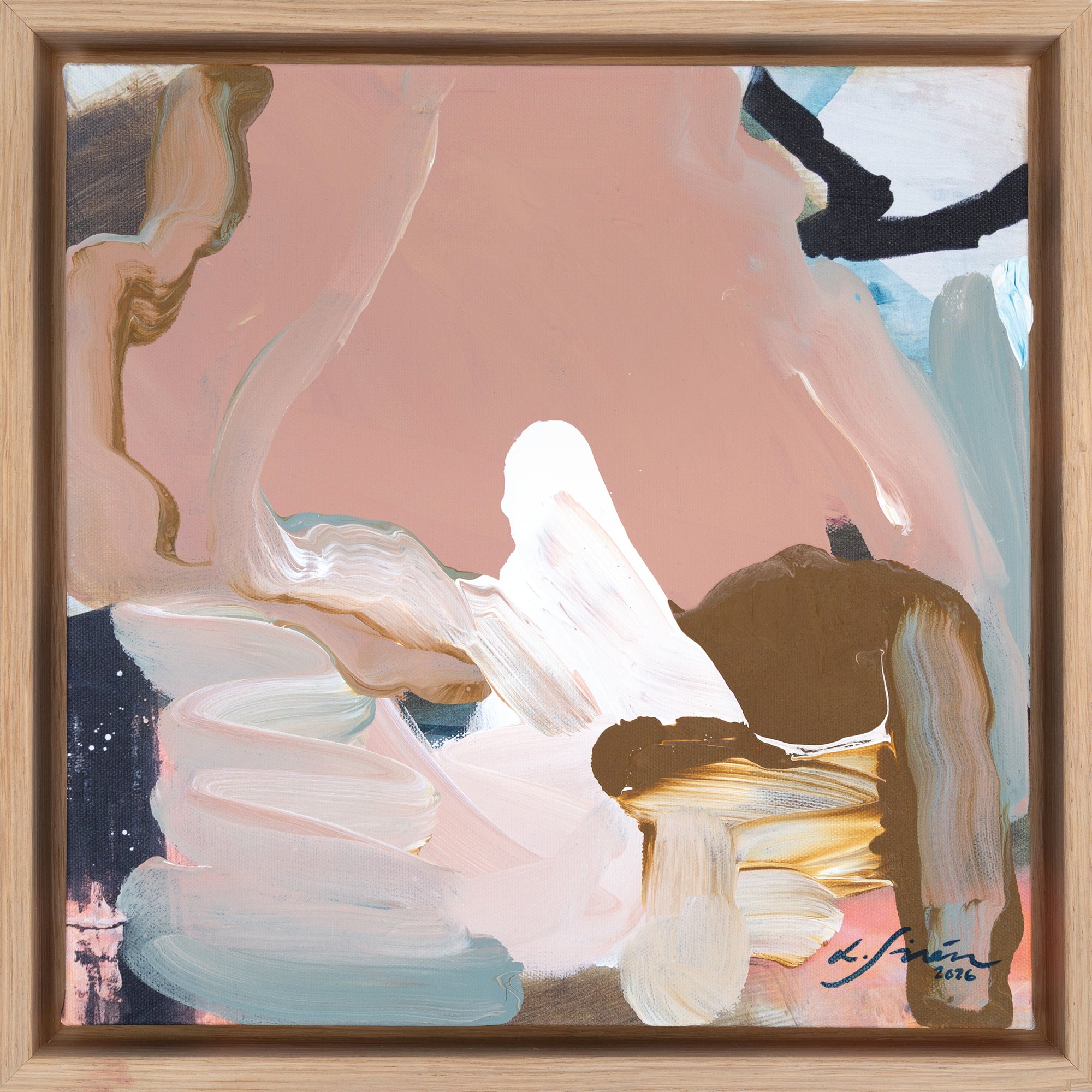 Abstract art piece with soft pastel colors in a wooden frame by abstract artist Lotta Sirén