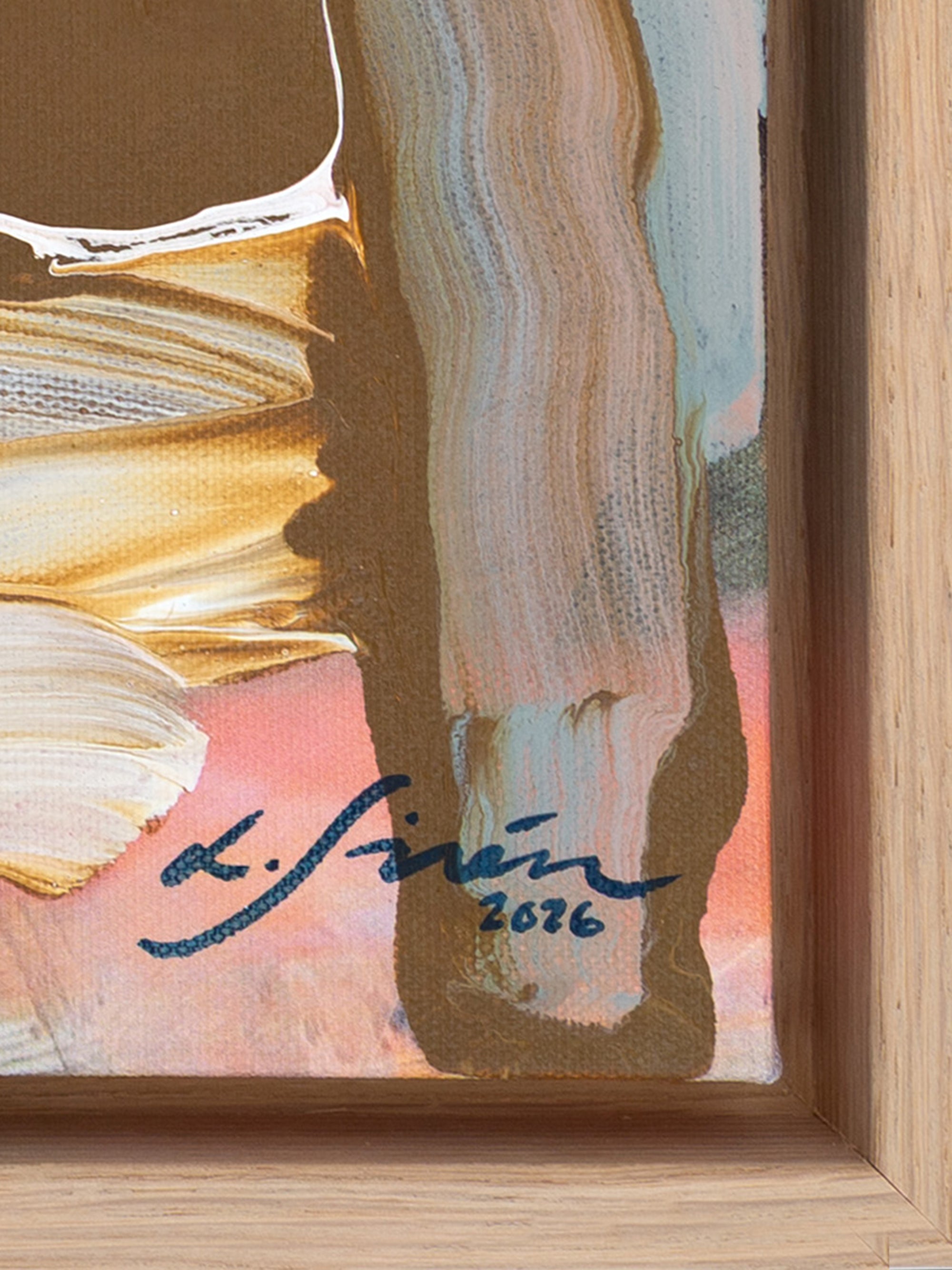 Close-up of a painting with a signature and year in the corner