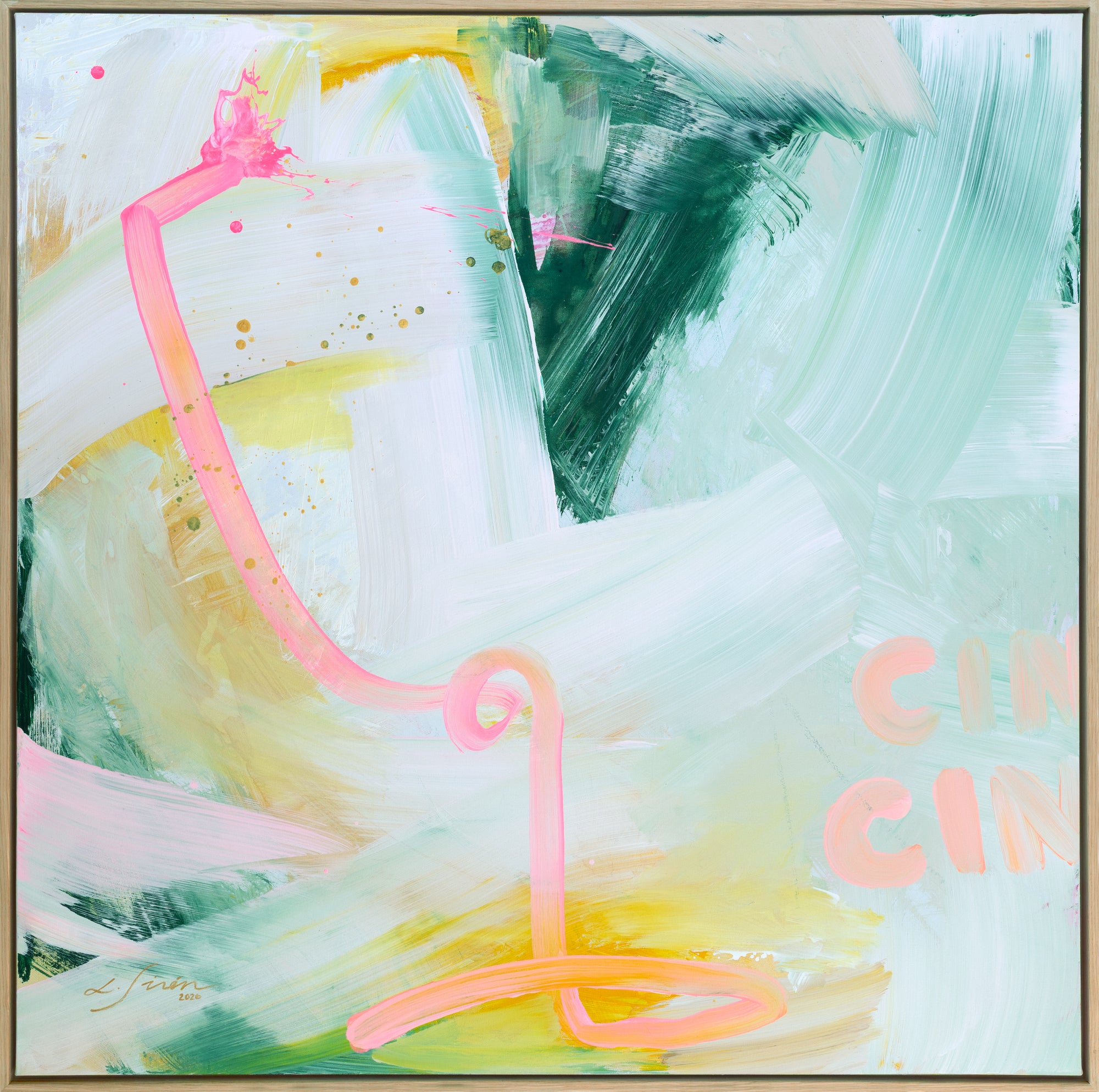 Abstract painting with pink, green, and yellow colors on a light blue background by Finnish abstract artist Lotta Sirén