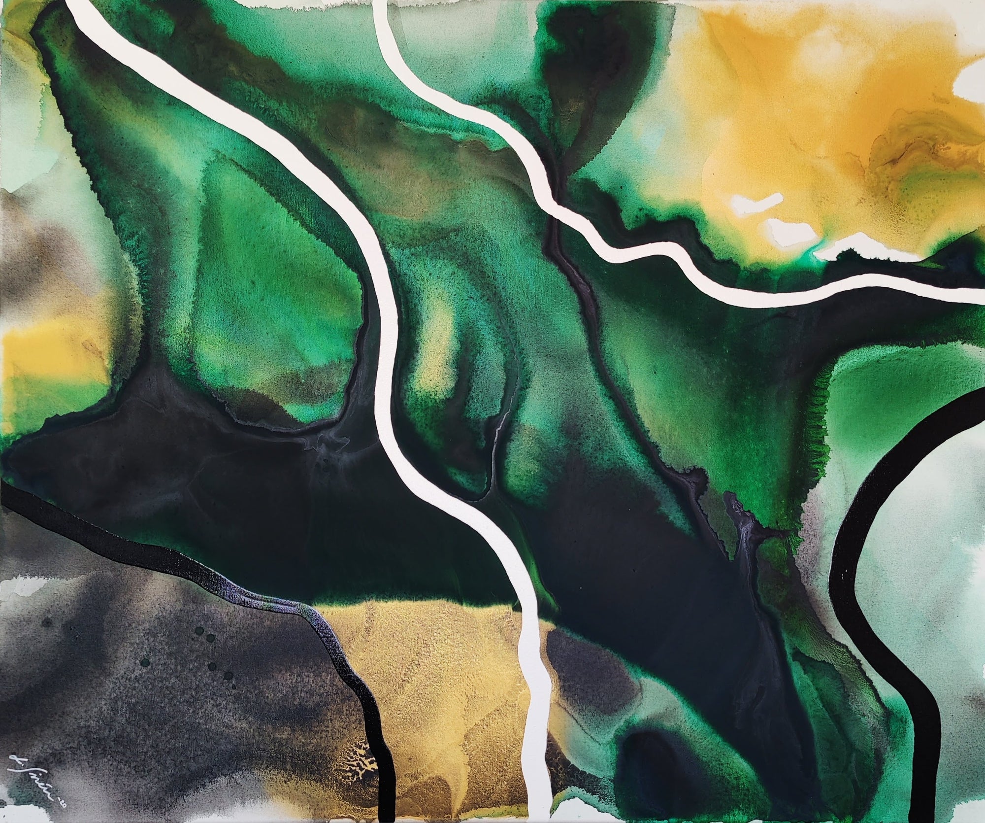 Abstract art with green, yellow, and black colors