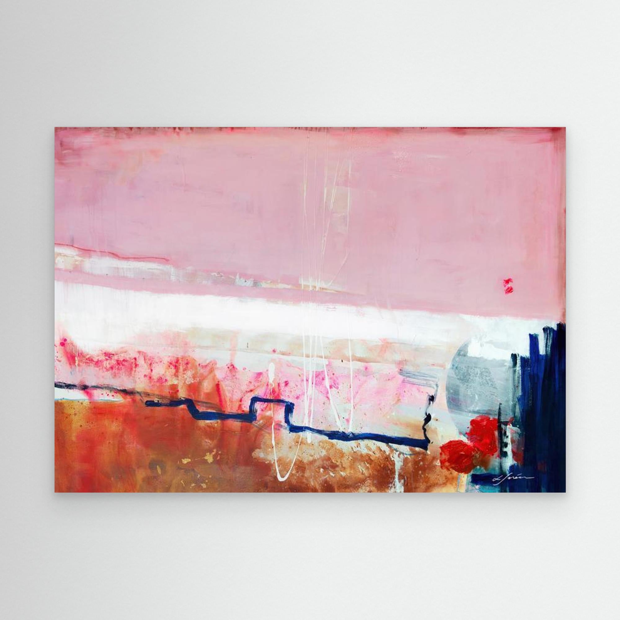 Detours Approved - Limited Edition Canvas Print with pink, white and burnt sienna tones and a hint of red & blue. Structured and vibrant piece. 