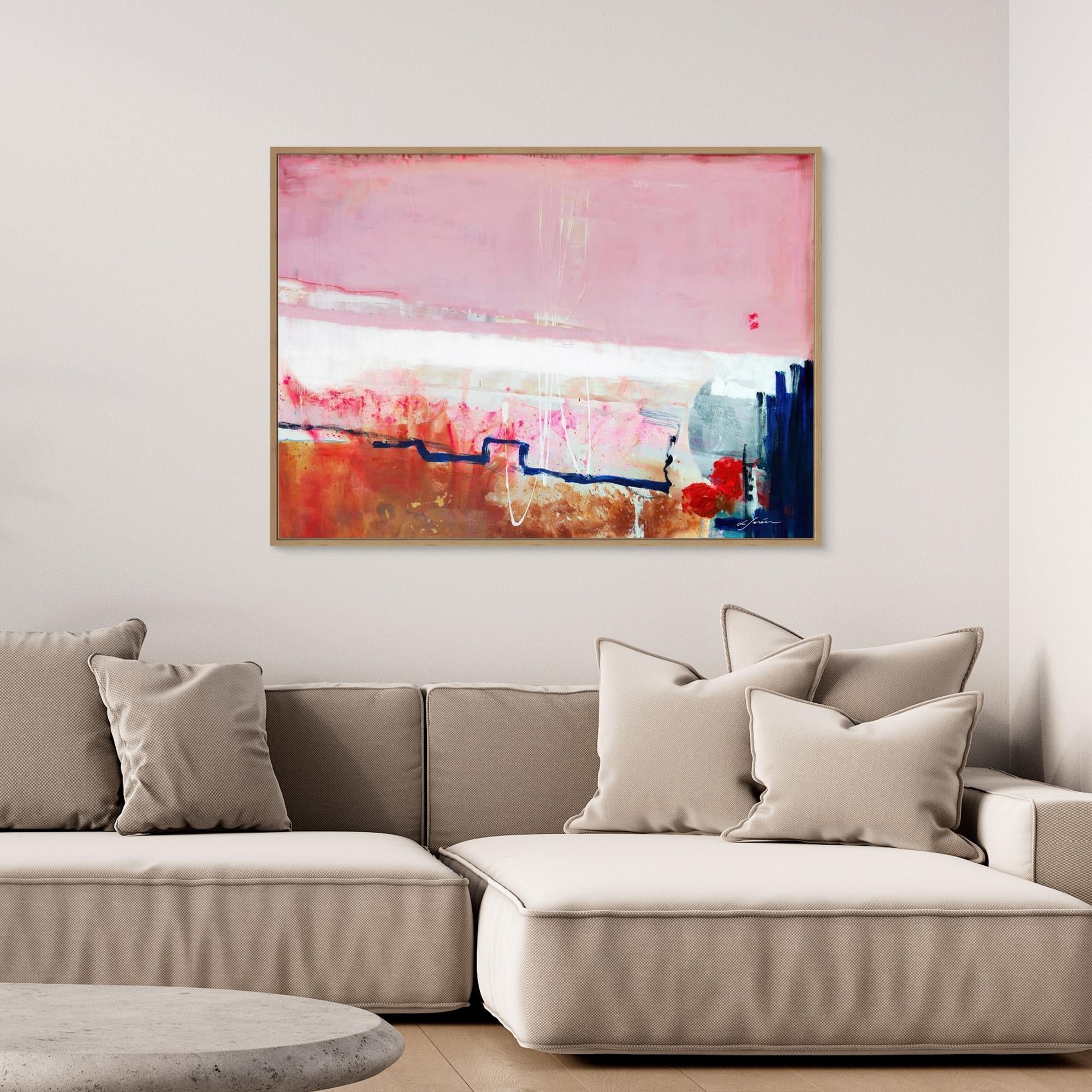 Detours Approved - Limited Edition Canvas Print with oak frames. Pink, white and burnt sienna tones and a hint of red &amp; blue. Structured and vibrant piece on a wall above a couch. 