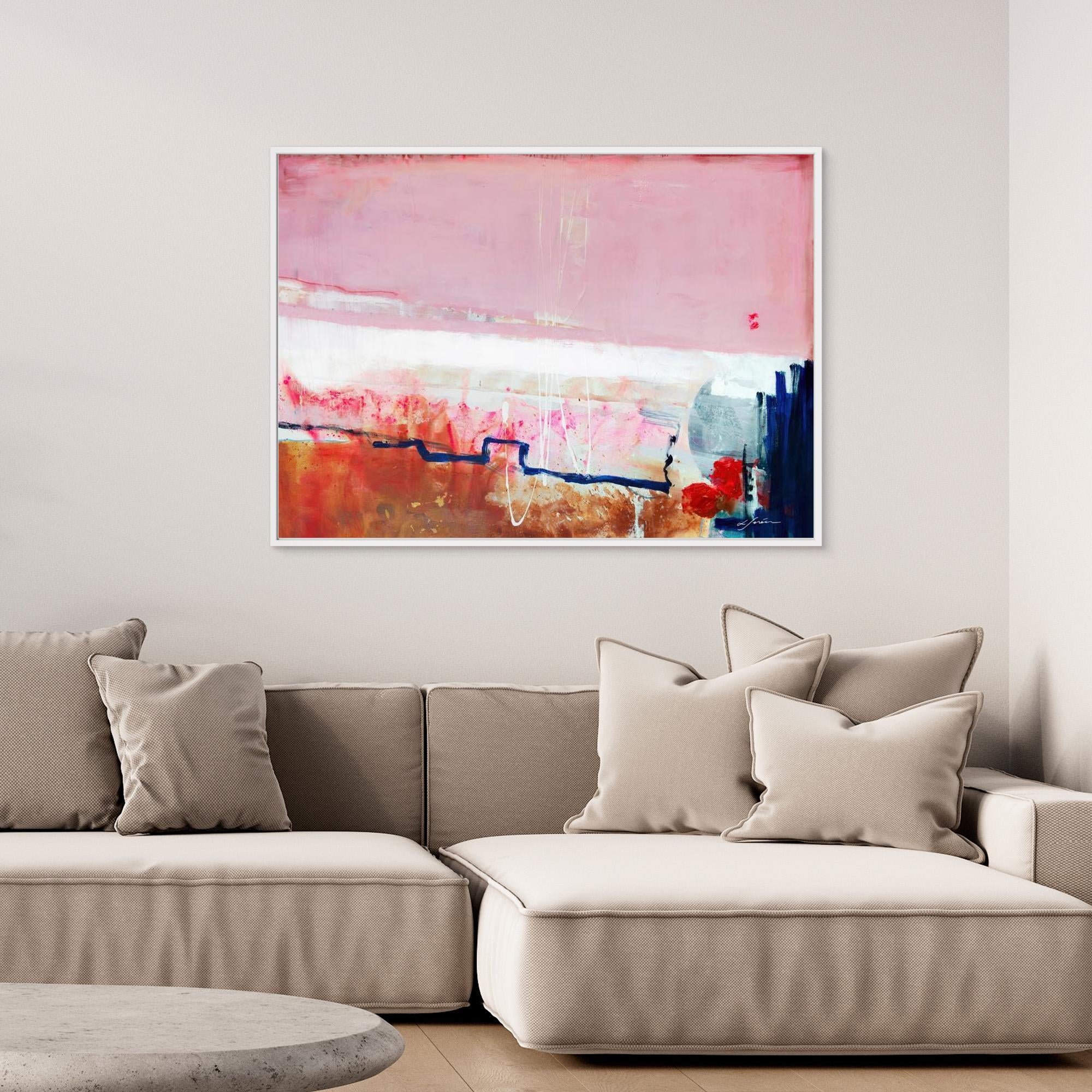 Detours Approved - Limited Edition Canvas Print with white frames. Pink, white and burnt sienna tones and a hint of red &amp; blue. Structured and vibrant piece on a wall above a couch. 