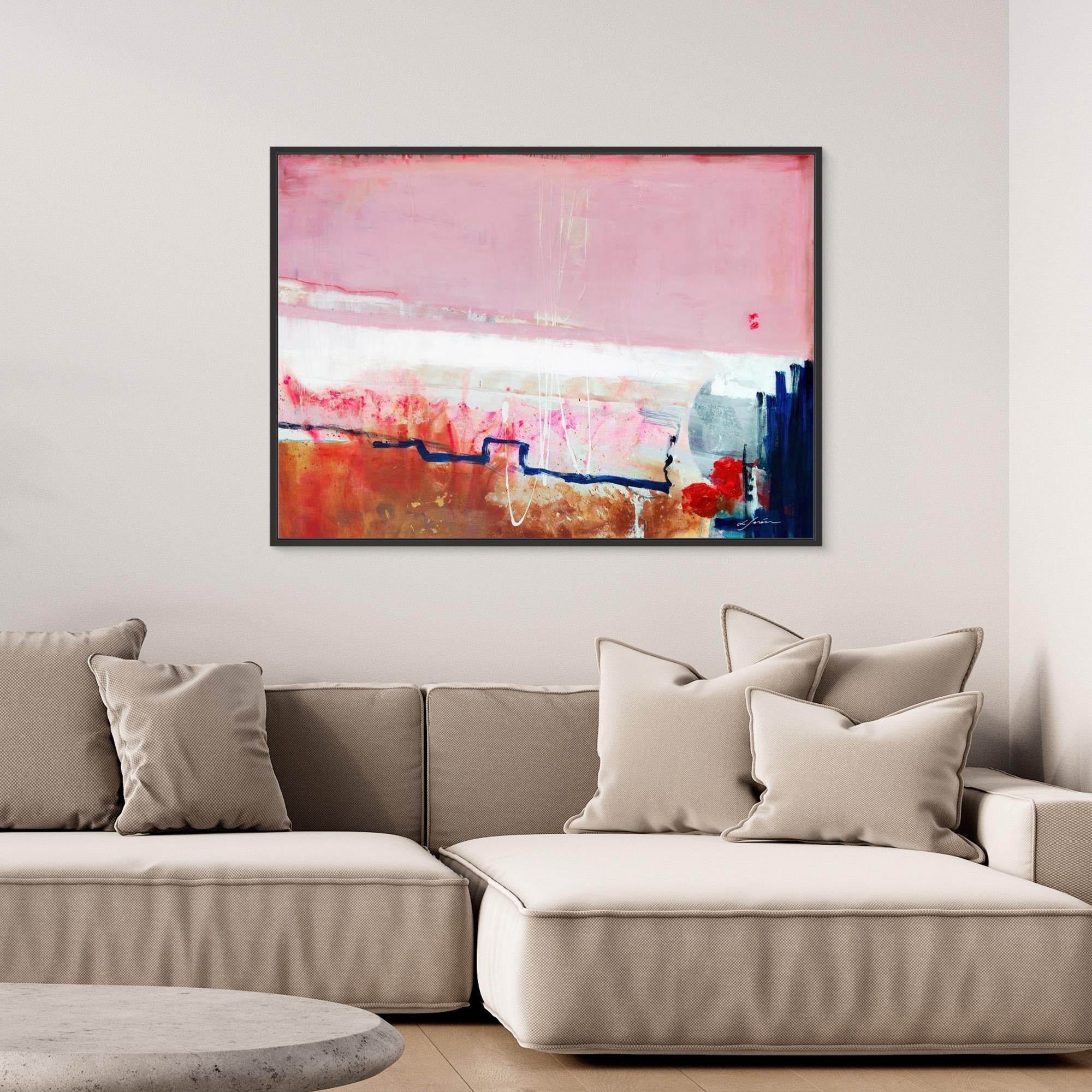 Detours Approved - Limited Edition Canvas Print with black frames. Pink, white and burnt sienna tones and a hint of red &amp; blue. Structured and vibrant piece on a wall above a couch.