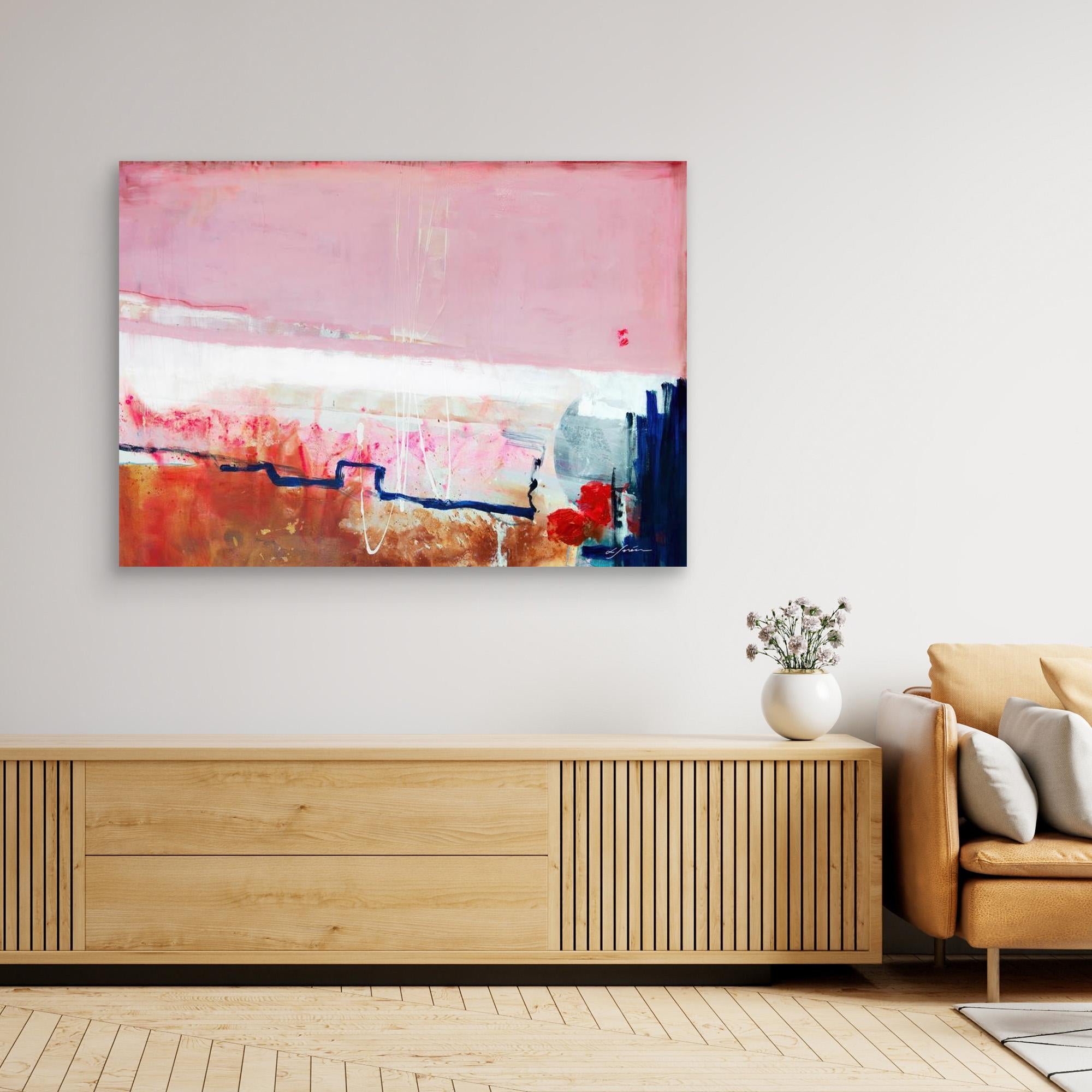 Detours Approved - Limited Edition Canvas Print on a living room wall above a tv stand. Piece with pink, white and burnt sienna tones and a hint of red &amp; blue.