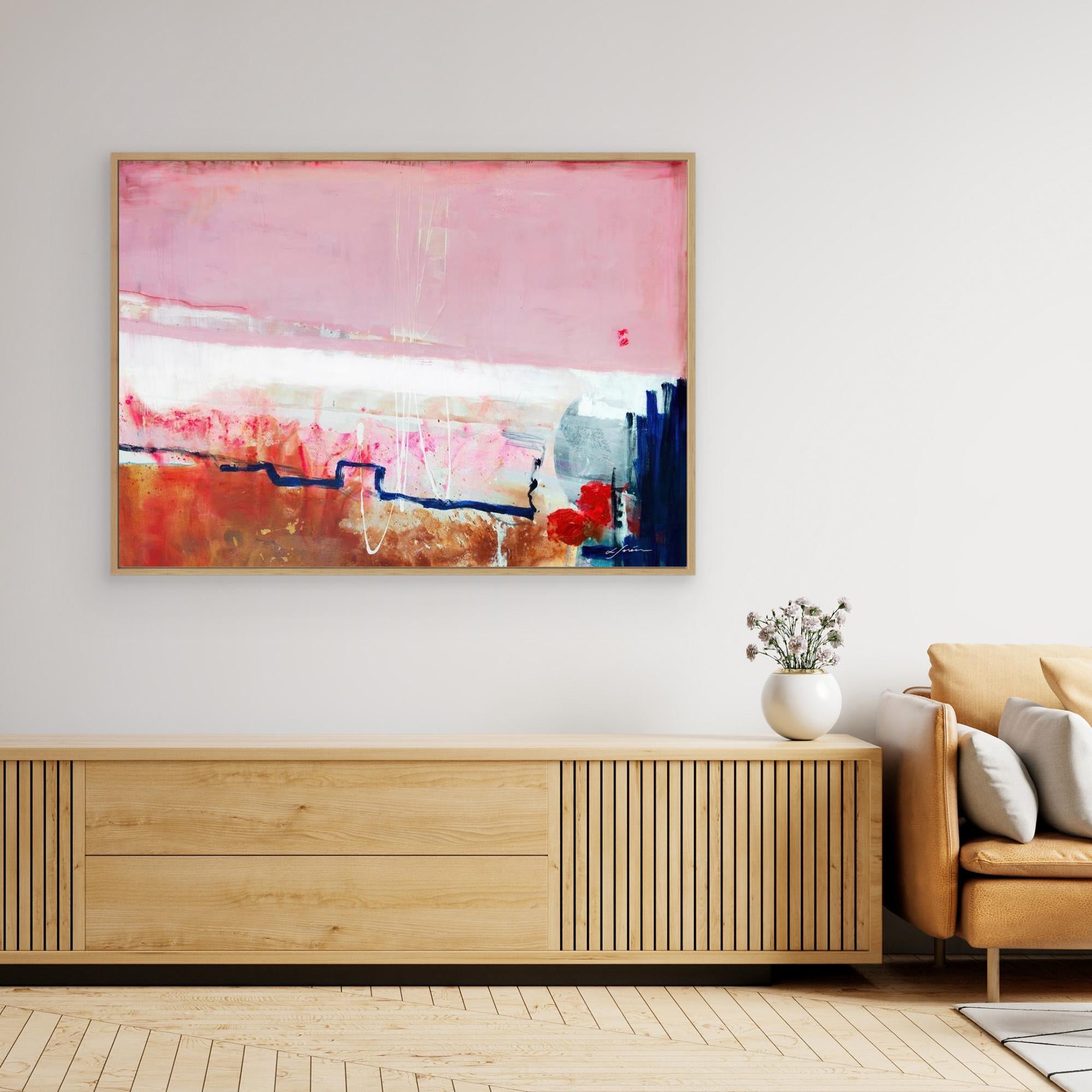 Detours Approved - Limited Edition Canvas Print with oak frames on a living room wall above a tv stand.  Piece with pink, white and burnt sienna tones and a hint of red &amp; blue.