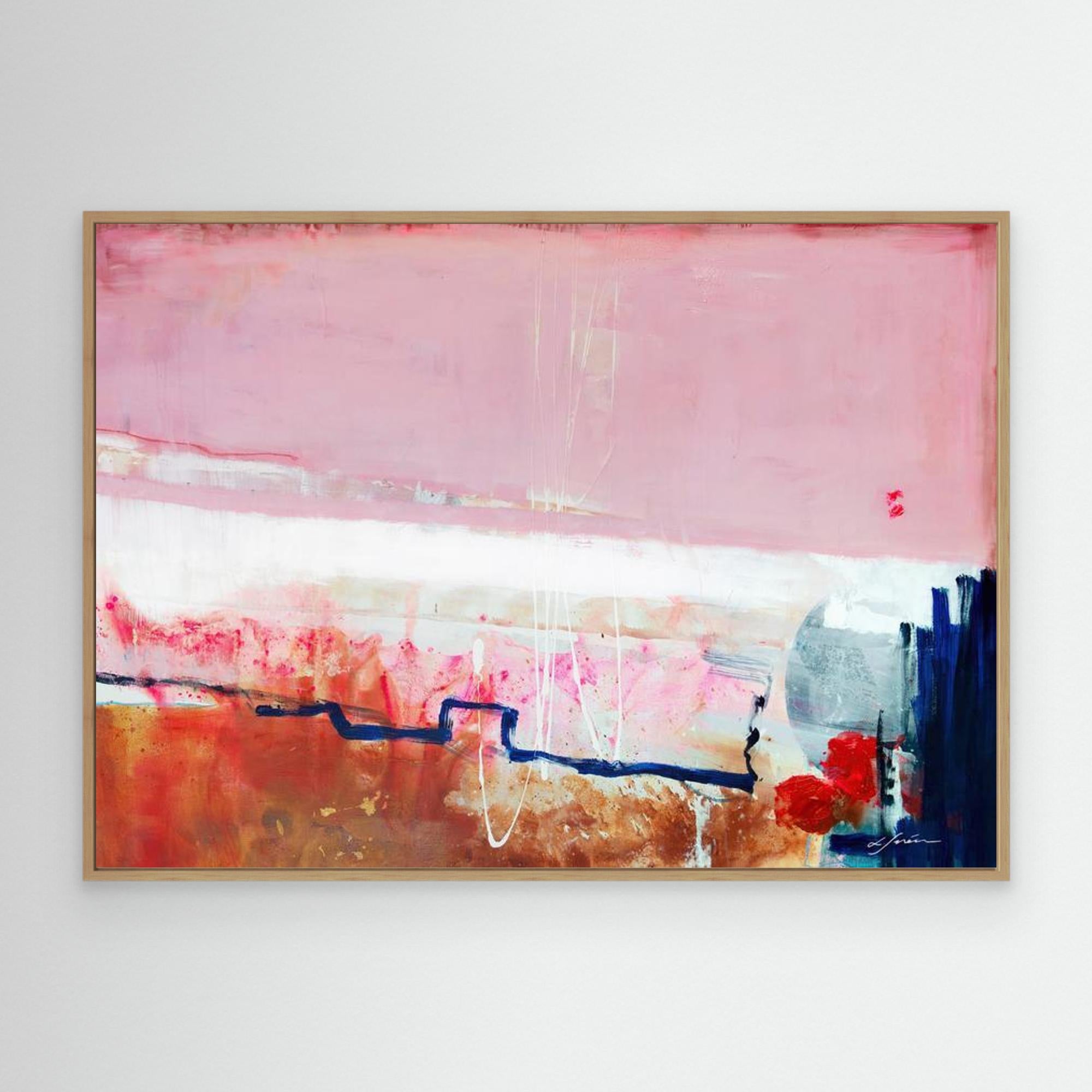 Detours Approved - Limited Edition Canvas Print with oak frames. Pink, white and burnt sienna tones and a hint of red & blue. Structured and vibrant piece. 