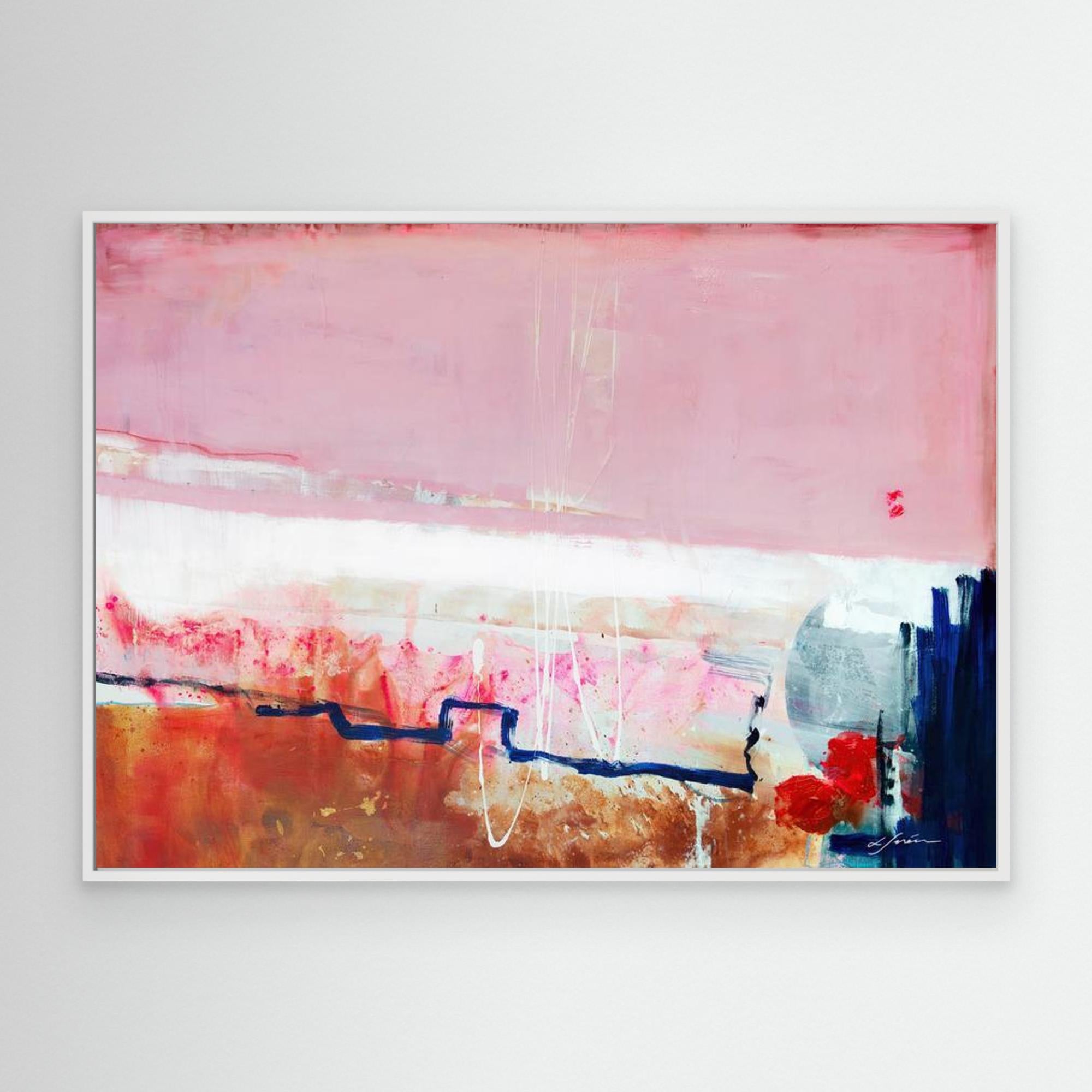 Detours Approved - Limited Edition Canvas Print with white frames. Pink, white and burnt sienna tones and a hint of red & blue. Structured and vibrant piece. 