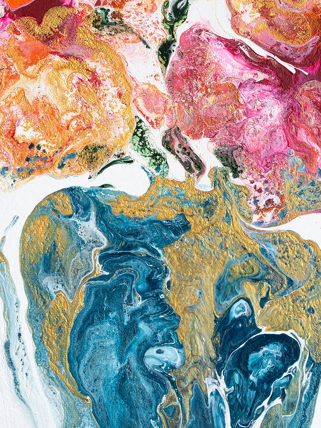 Abstract painting with swirling colors of pink, blue, and gold on a white background by Finnish artist Lotta Sirén