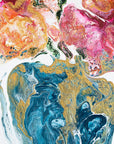 Abstract painting with swirling colors of pink, blue, and gold on a white background by Finnish artist Lotta Sirén