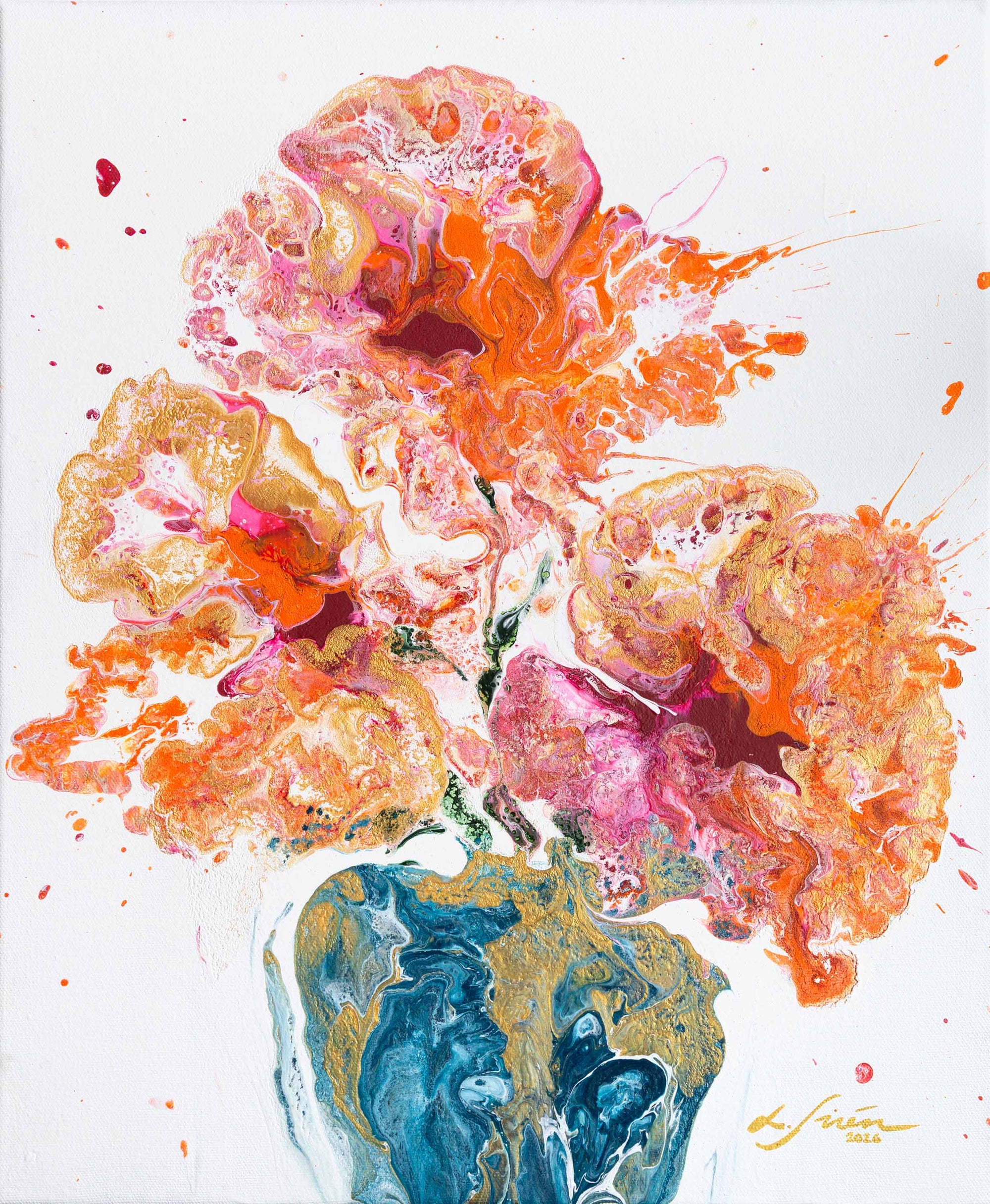 Semi-abstract painting with florals and vibrant colors on a white background by Lotta Sirén