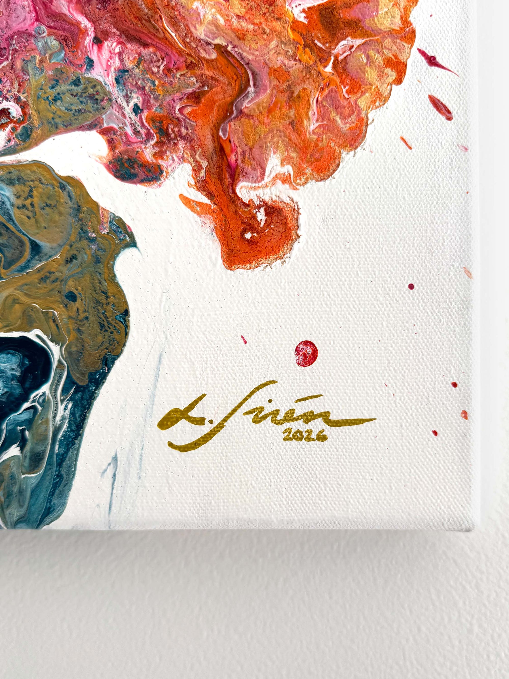 Abstract art painting with colorful marbled design and Lotta Sirén signature on a white background