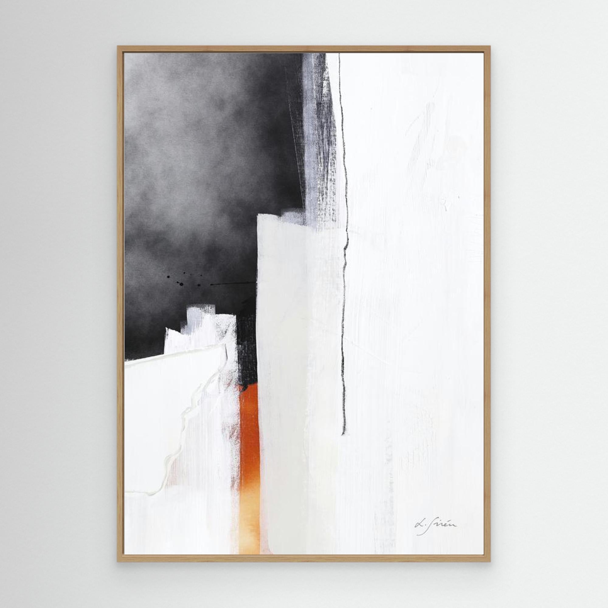 Fire and Ice - Limited Edition Canvas Print with oak frames. Black, grey and white & off-white tones and a pop of fiery orange. Minimalist structured abstract canvas print.
