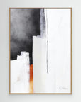 Fire and Ice - Limited Edition Canvas Print with oak frames. Black, grey and white & off-white tones and a pop of fiery orange. Minimalist structured abstract canvas print.
