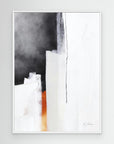 Fire and Ice - Limited Edition Canvas Print with white frames. Black, grey and white & off-white tones and a pop of fiery orange. Minimalist structured abstract canvas print.