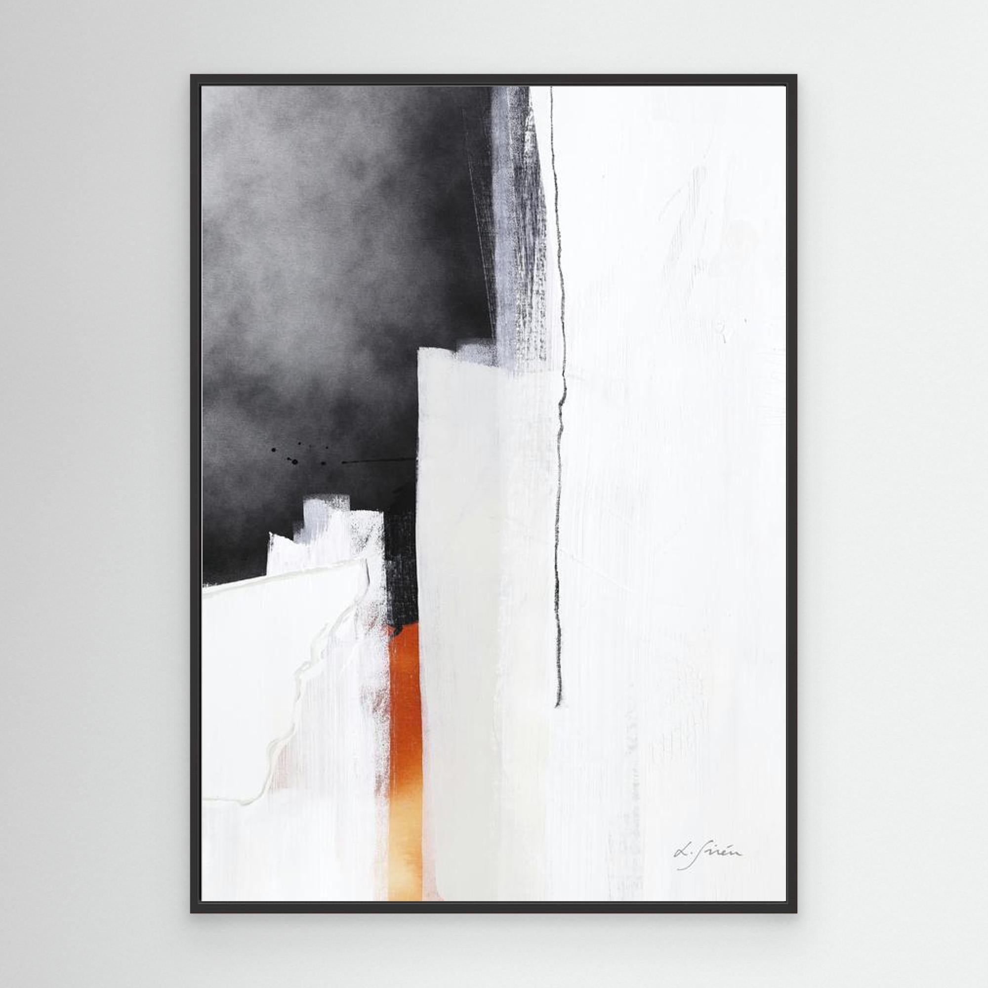 Fire and Ice - Limited Edition Canvas Print with black frames. Black, grey and white & off-white tones and a pop of fiery orange. Minimalist structured abstract canvas print.
