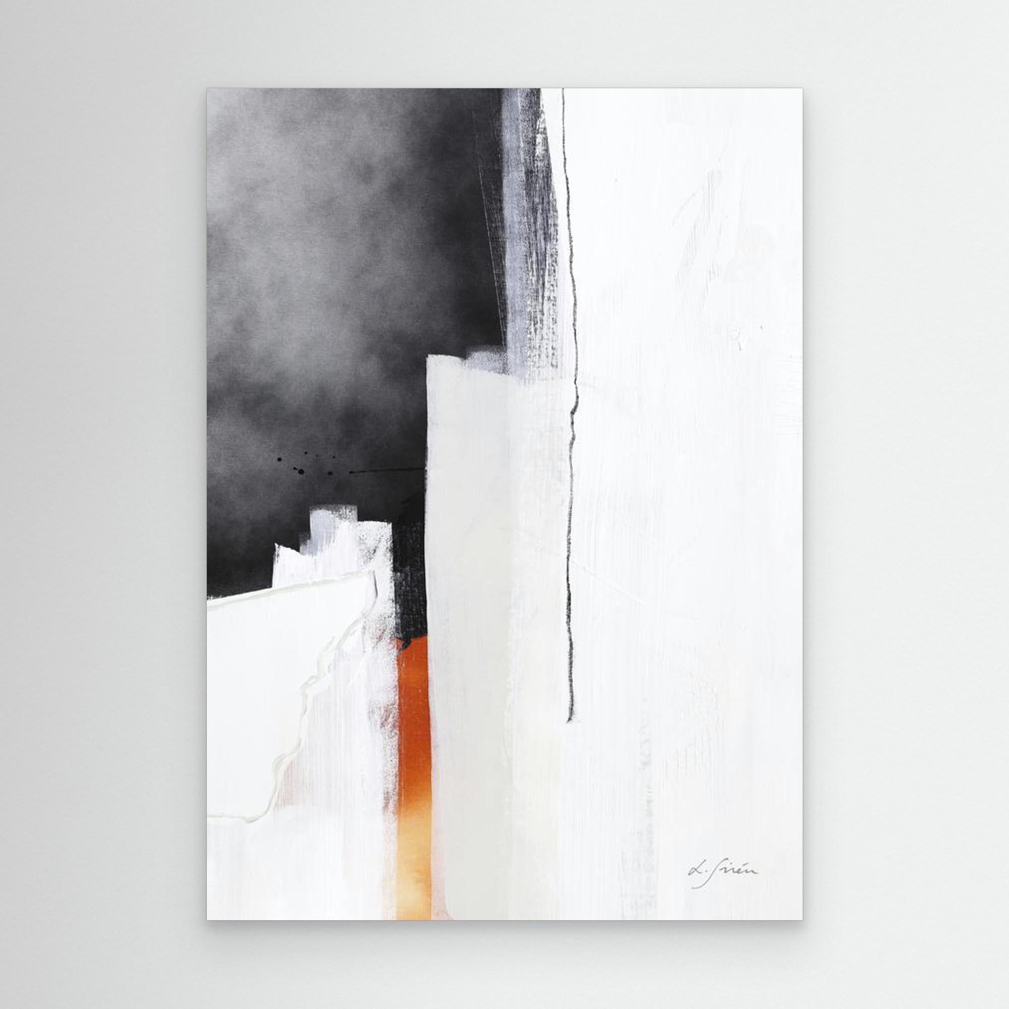 Fire and Ice - Limited Edition Canvas Print with black, grey and white & off-white tones and a pop of fiery orange. Minimalist structured abstract canvas print. 
