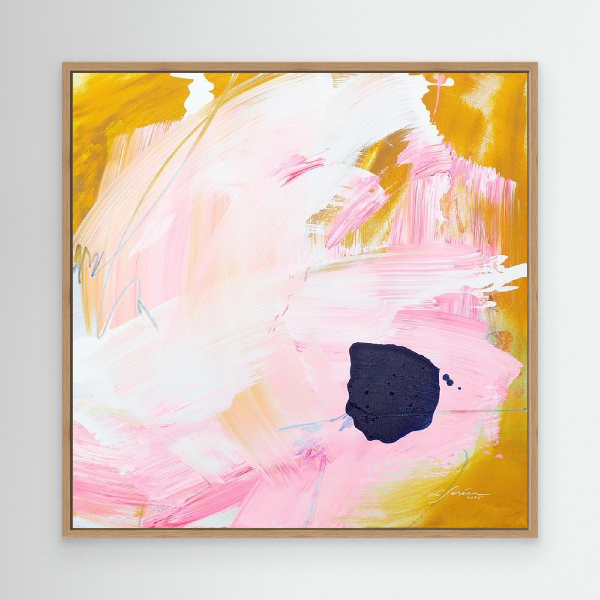 Free - Limited Edition Canvas Print bold strokes, ocher, white and pink tones and an accent of blue with oak frame