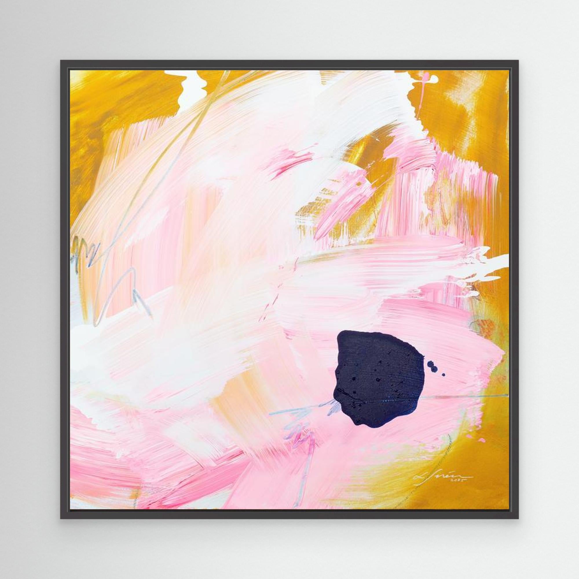 Free - Limited Edition Canvas Print bold strokes, ocher, white and pink tones and an accent of blue with black frame