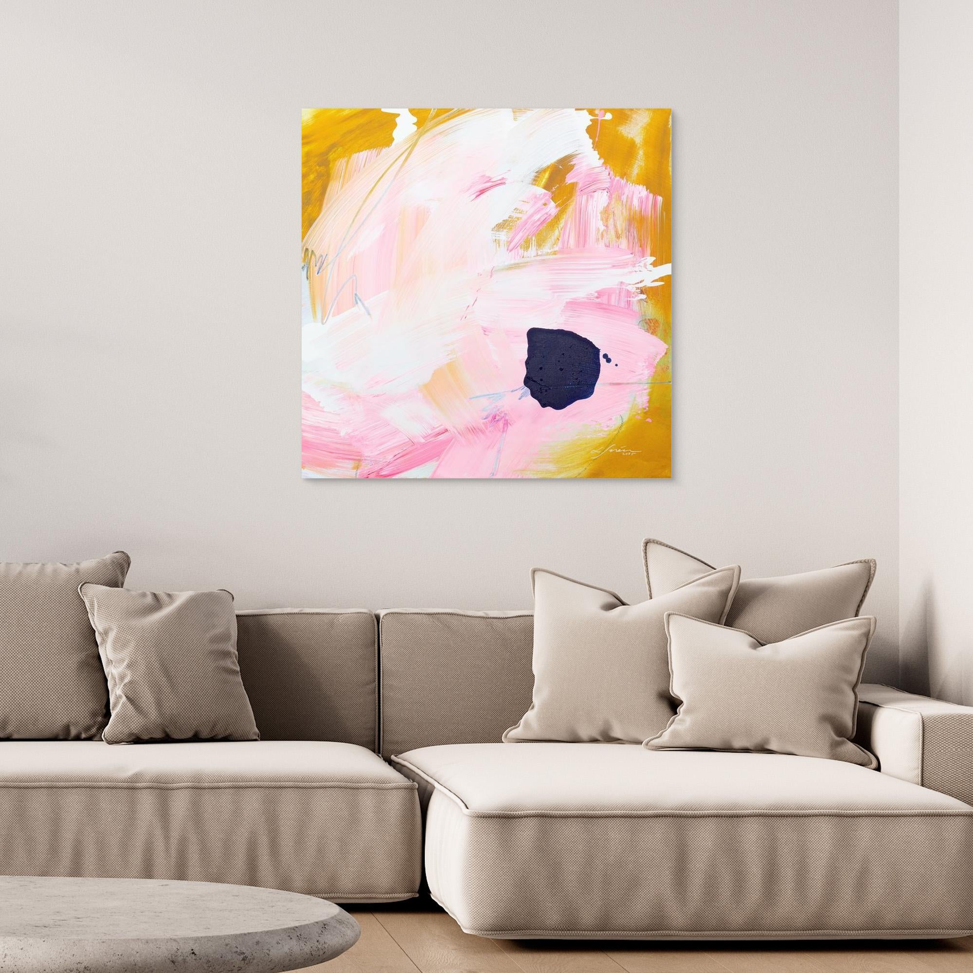 Free - Limited Edition Canvas Print bold strokes, ocher, white and pink tones and an accent of blue. Abstract canvas print above a couch.
