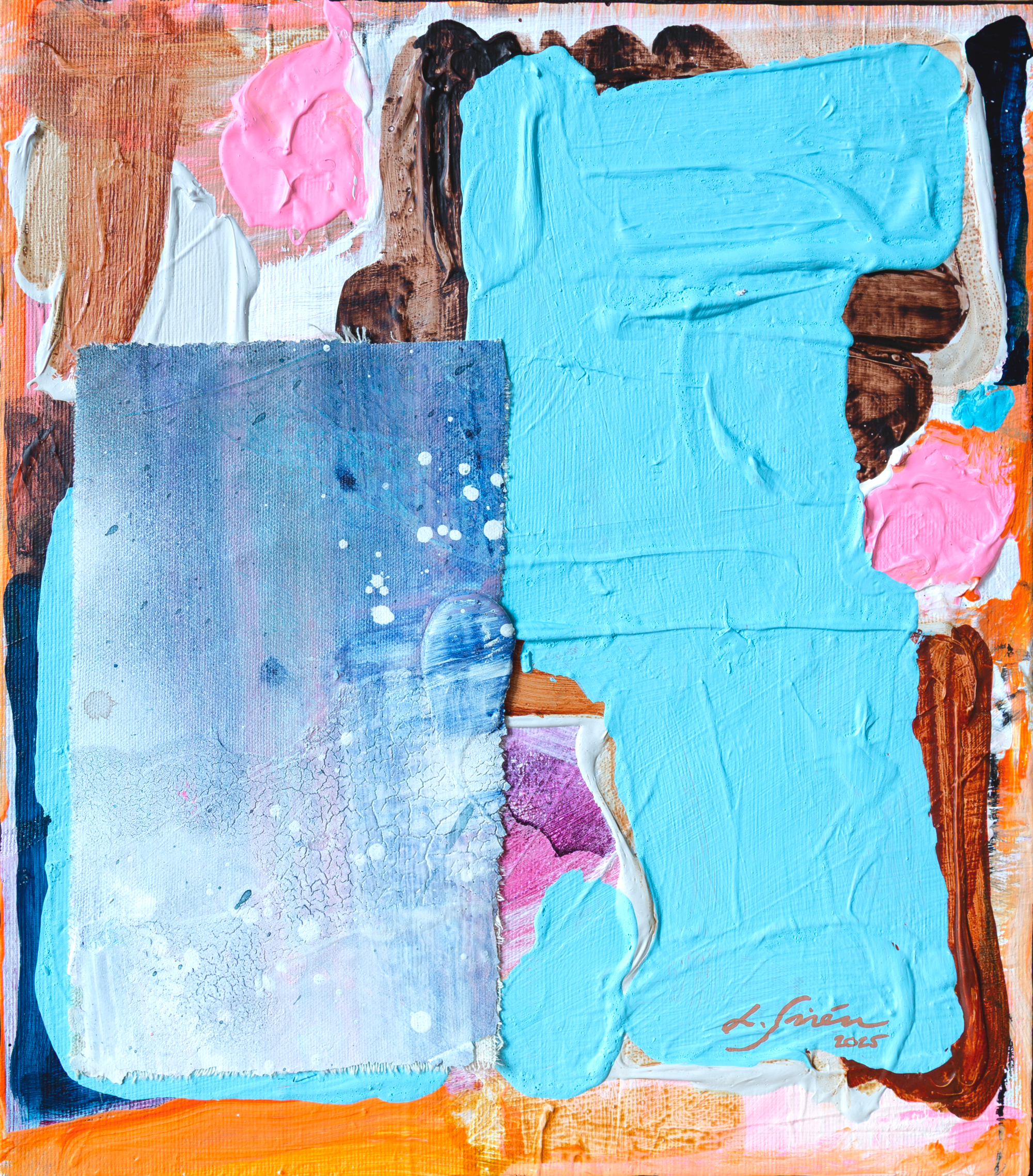 Abstract art piece with blue, pink, and orange colors