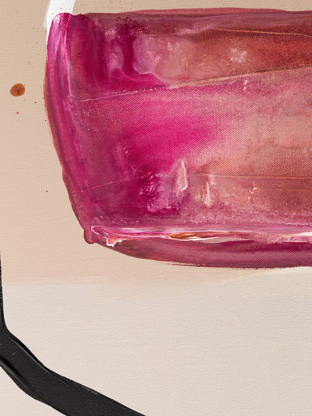 Colorful abstract painting of a translucent magenta-pink glass on a warm beige canvas background, with a black brushstroke at the bottom left.