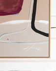 Large framed abstract painting featuring a beige background with bold black and white colors, a deep magenta in the upper left, and a white artist signature reading Lotta Sirén 2026 near the bottom.