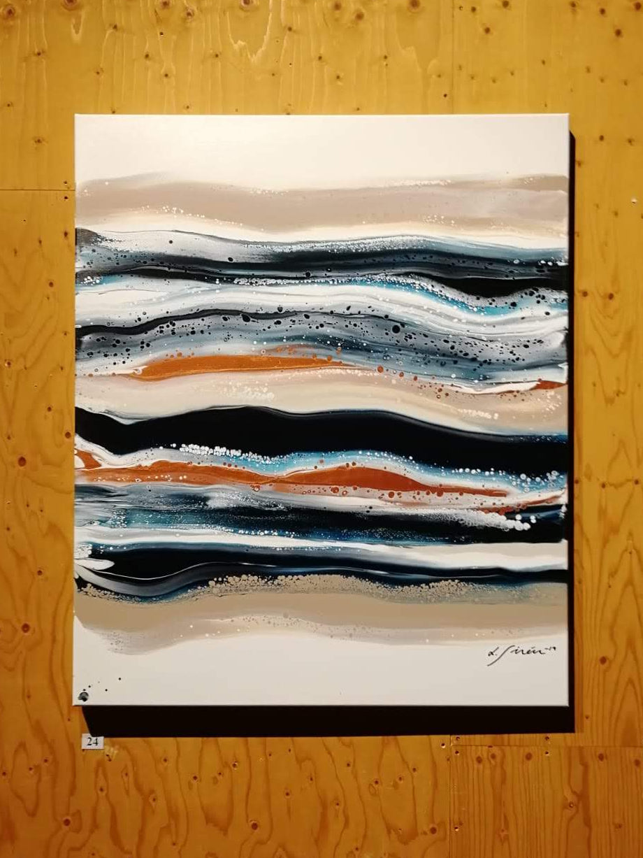 Abstract painting with wavy patterns on a wooden wall