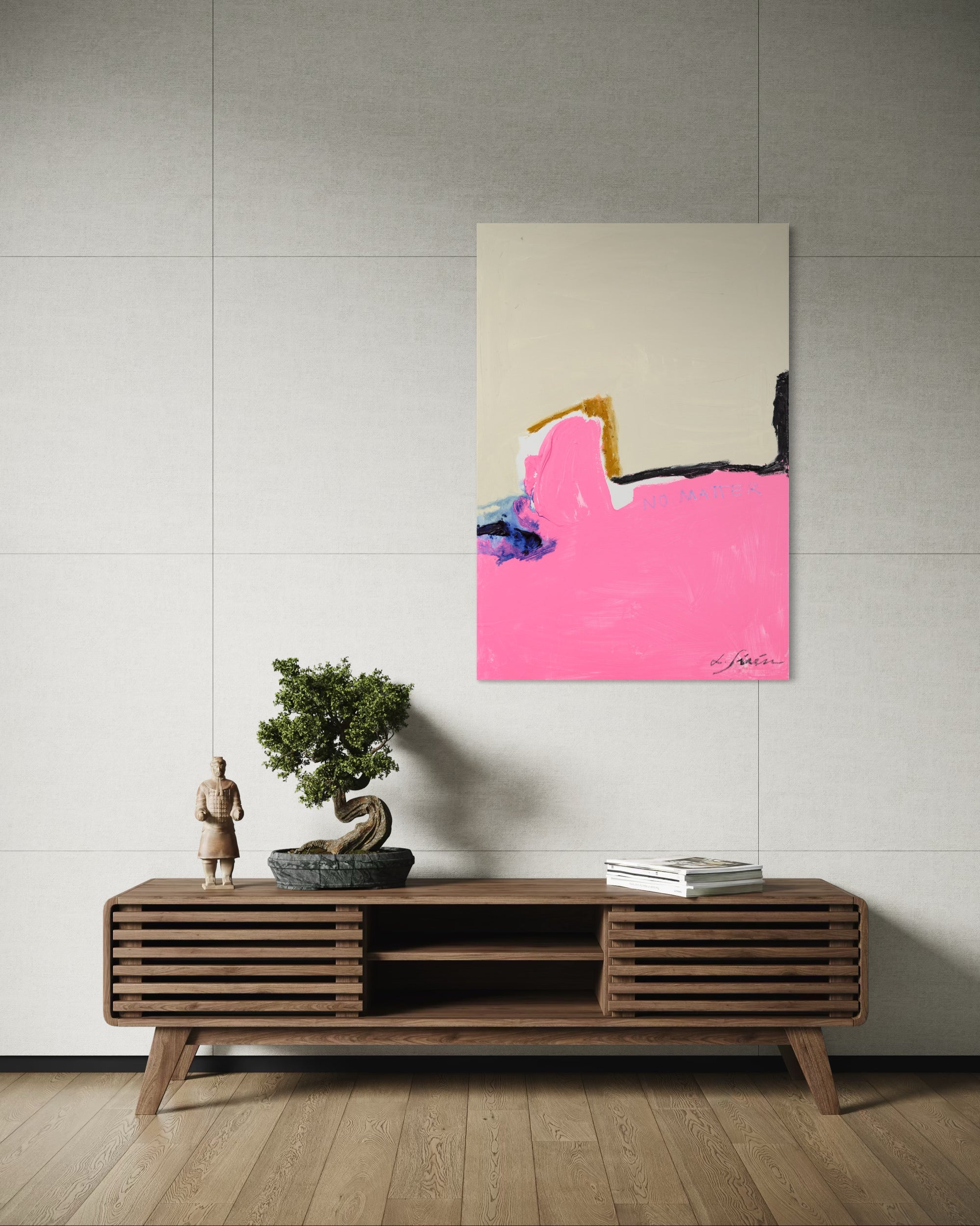 Abstract painting on a wall above a wooden console table with decorative items.